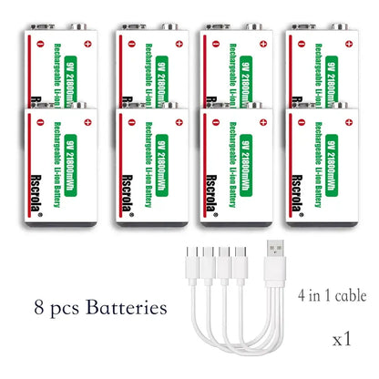 Rscrola 21800mWh 9V Lithium Rechargeable Battery with Type-C cable for various devices