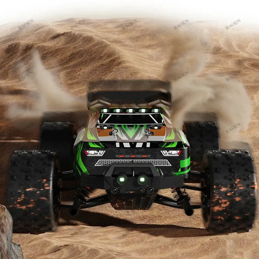 PRO 85KMH High Speed RC Car navigating through sandy terrain, showcasing its vibrant design and robust wheels.