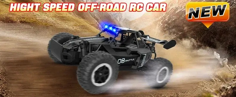 116 RC Car Remote Control Car racing on a dirt track, showcasing off-road capabilities and vibrant design.