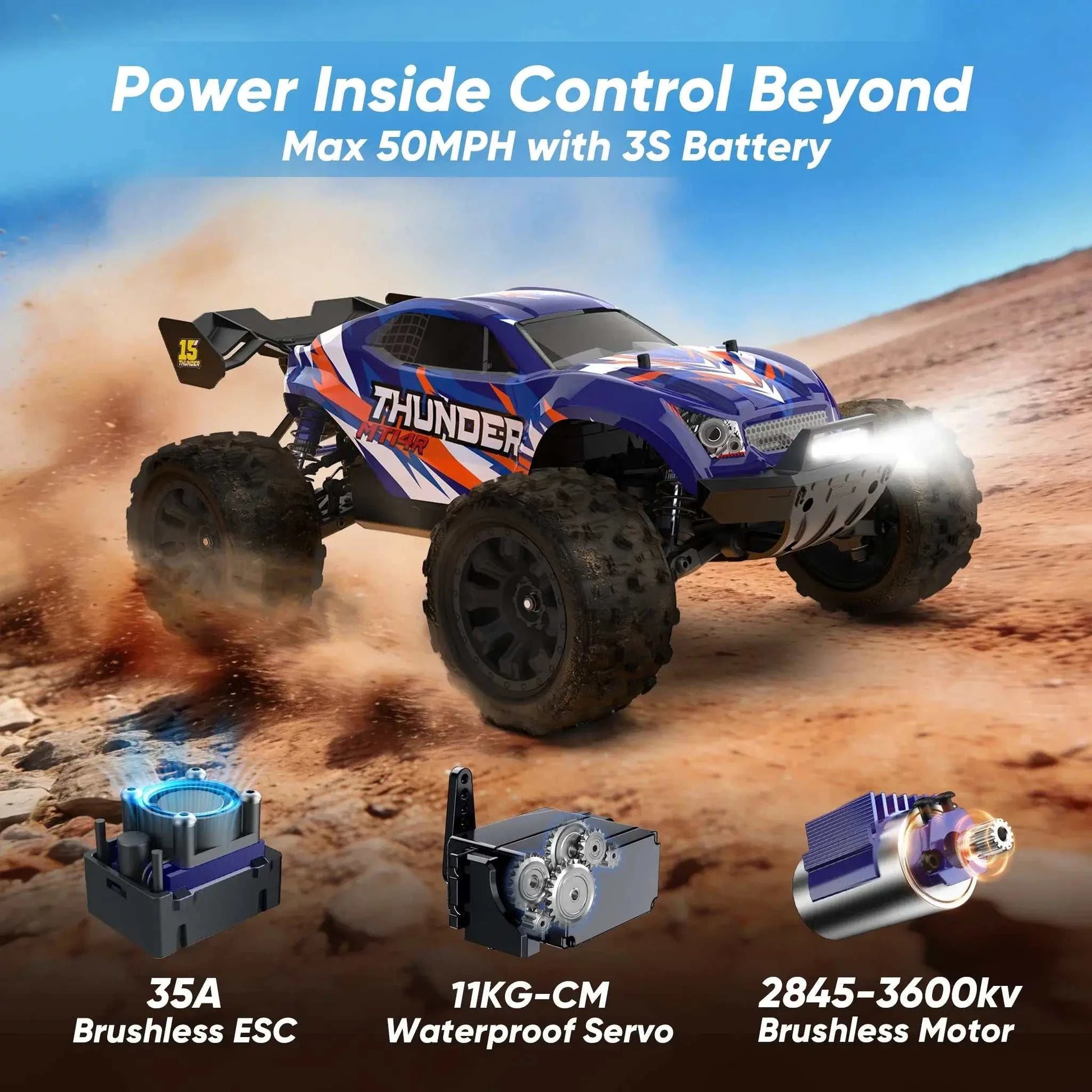 Lithium Battery RC Truck with brushless motor, max speed 50MPH, showcasing 35A ESC and waterproof servo.