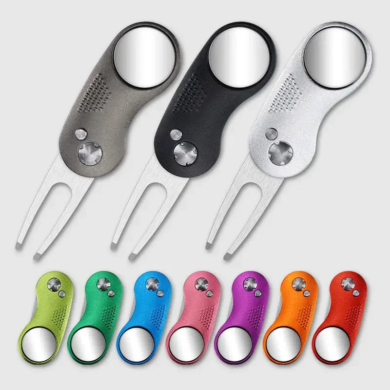 Metal Foldable Golf Divot Repair Tool in various colors including gray, black, silver, green, blue, pink, purple, and orange.