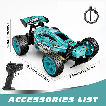 High-speed remote control car featuring a striking design, remote controller, and charging cable, dimensions shown.