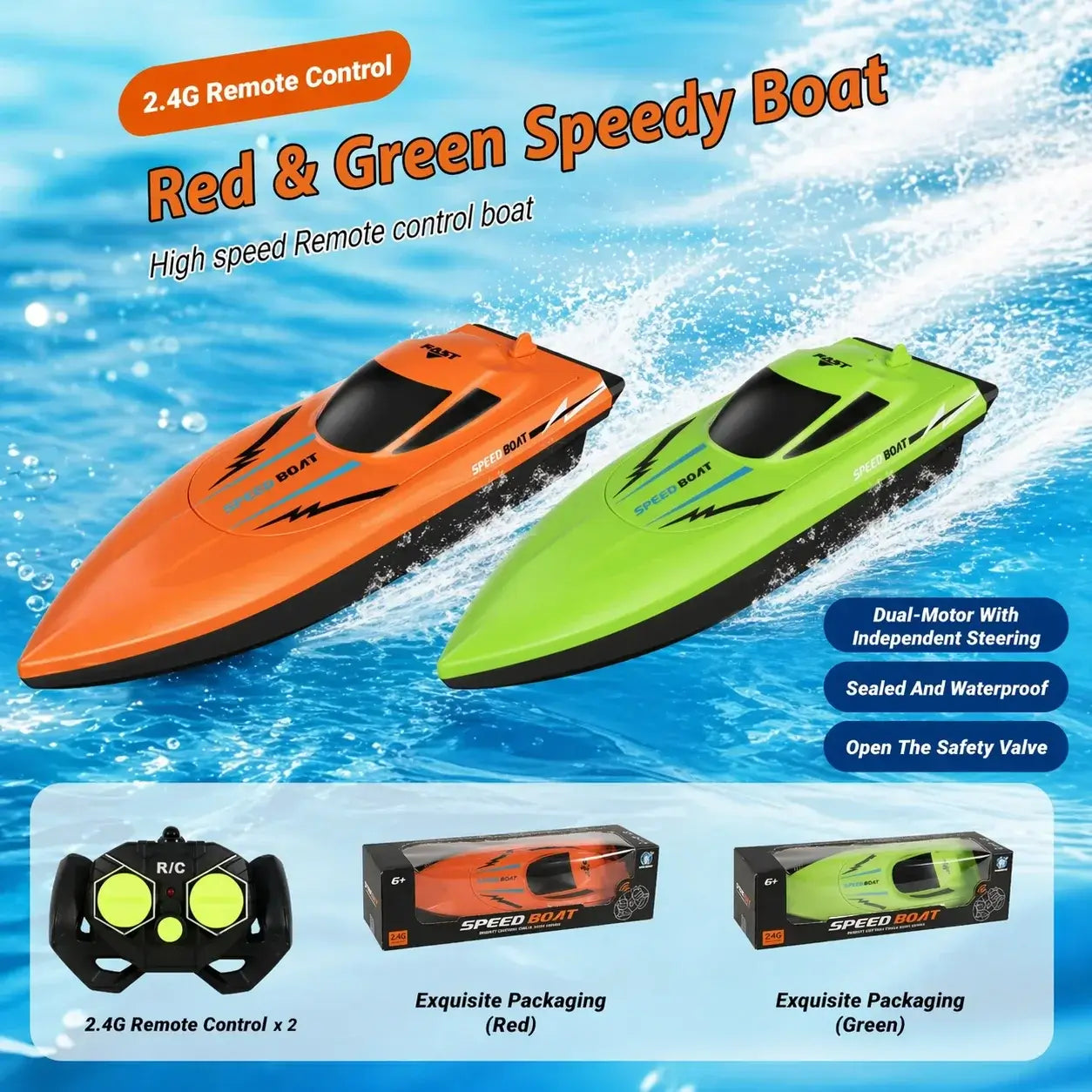 2 Pack Remote Control Boat 2.4GHz Dual Motor RC Speedboat