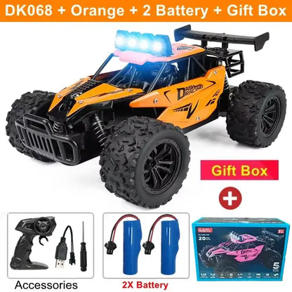 116 RC Car Remote Control Car DK068 in orange with 2 batteries and gift box, featuring off-road tires and LED lights.