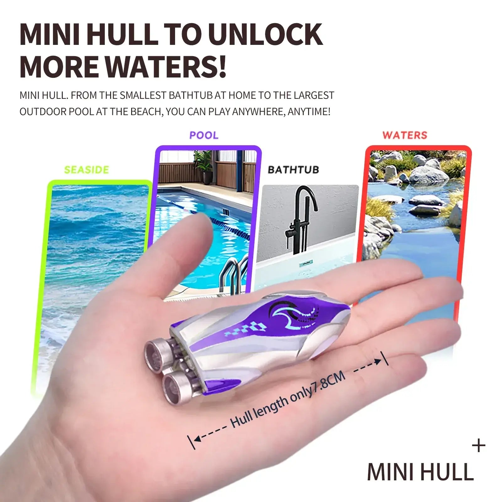 Mini Portable Electric Rc Boat showcasing its mini hull design for versatile play in various water settings like pools and bathtubs.