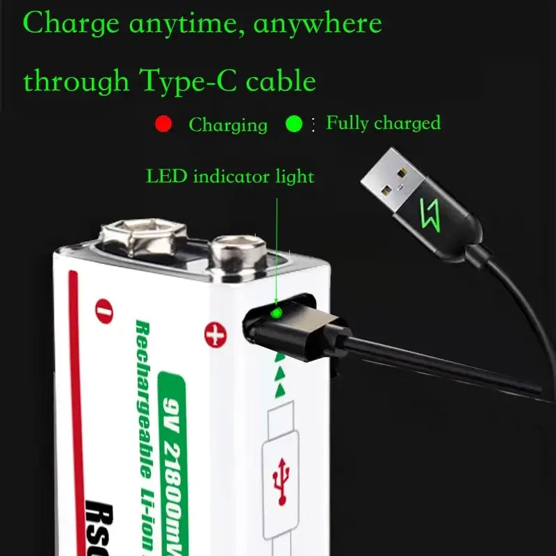 Rscrola 21800mWh 9V Lithium Rechargeable Battery with Type-C cable for various devices