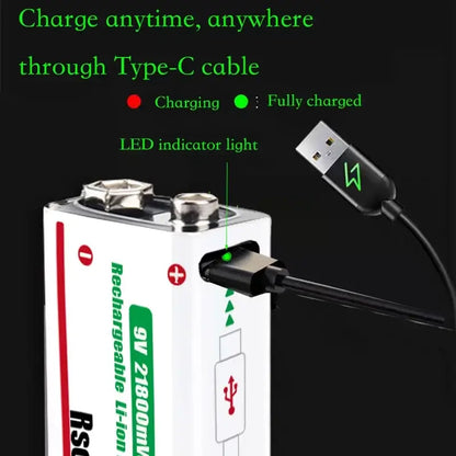 Rscrola 21800mWh 9V Lithium Rechargeable Battery with Type-C cable for various devices