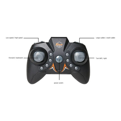RC Boat High Speed Electric Ship remote controller with labeled controls for maneuvering and speed adjustments.