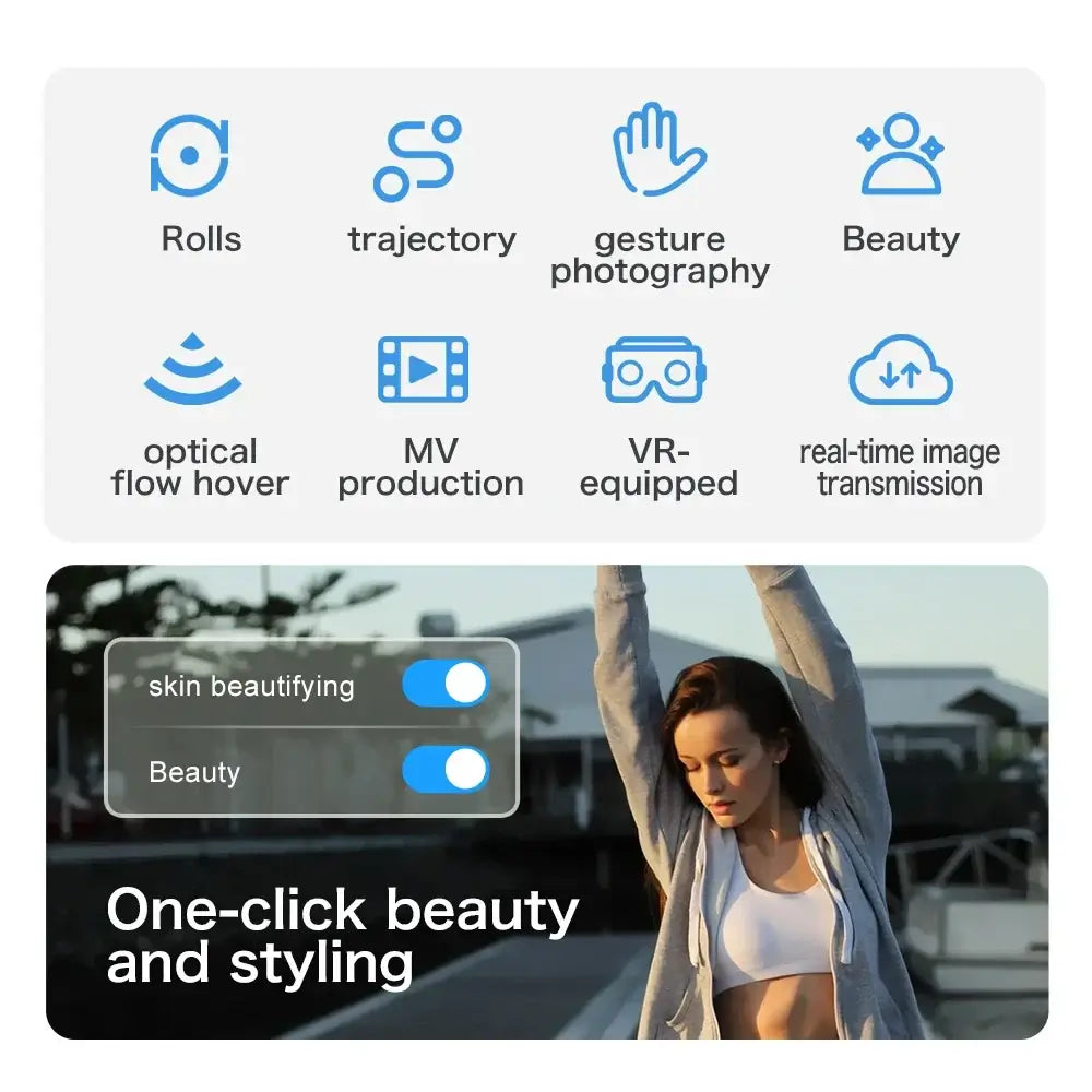 Features and functions of the Aeri100 VR New Drone including beauty settings and real-time transmission.