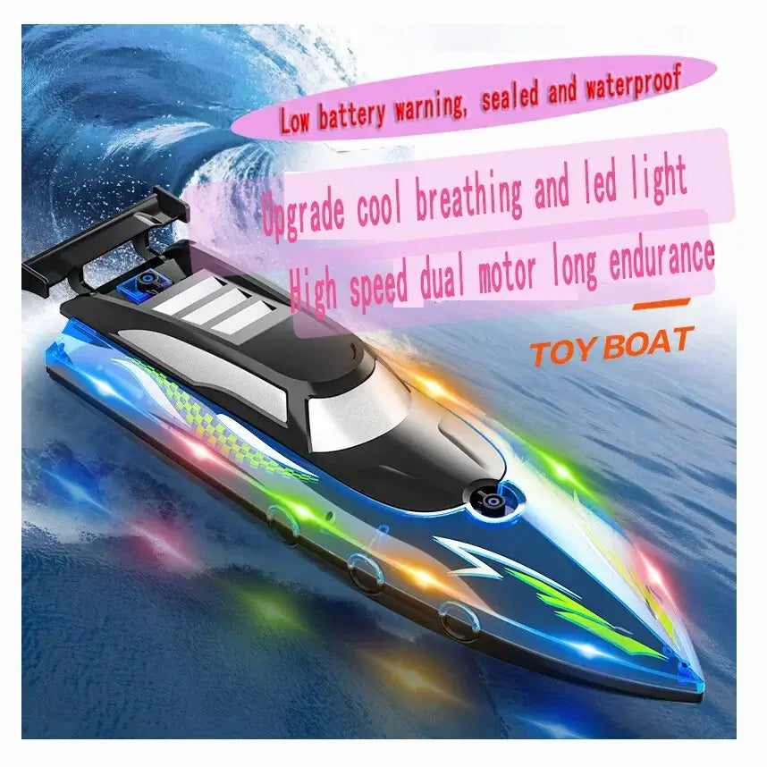 Kids remote control boat toys with LED lights and high speed dual motor for durable water fun.