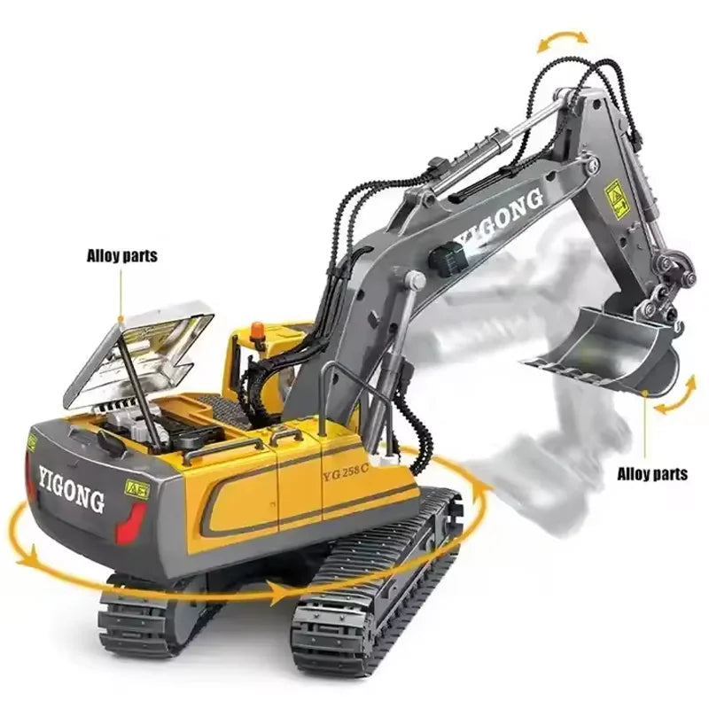 remote control excavator dump truck with alloy parts showing realistic mechanics and movement.