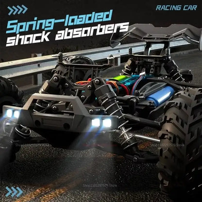High speed remote control car 80KMH with spring-loaded shock absorbers for enhanced handling on various terrains.