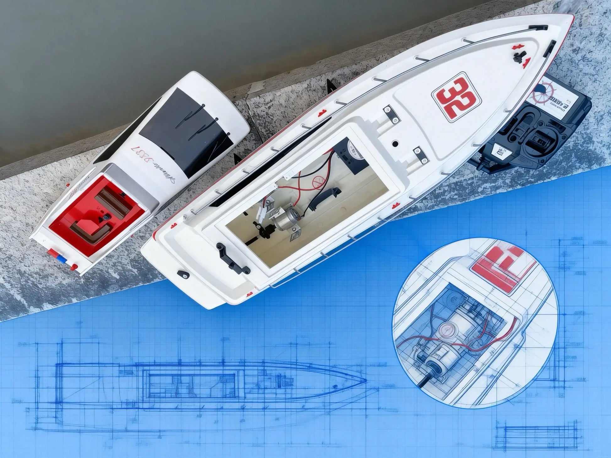 Super large remote control yacht displayed above a blueprint diagram, showcasing design and features.