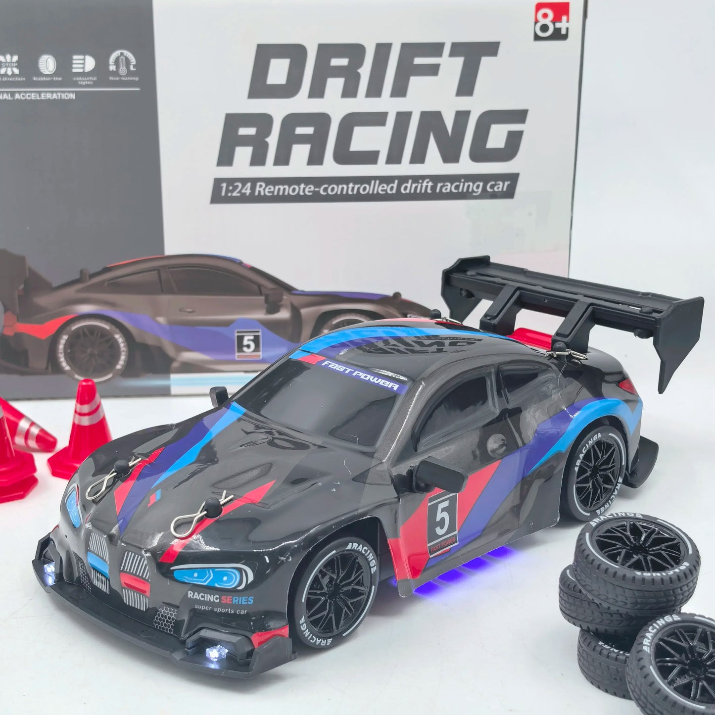 RC drift cars for kids: 1:24 remote-controlled drift racing car with blue and red design.
