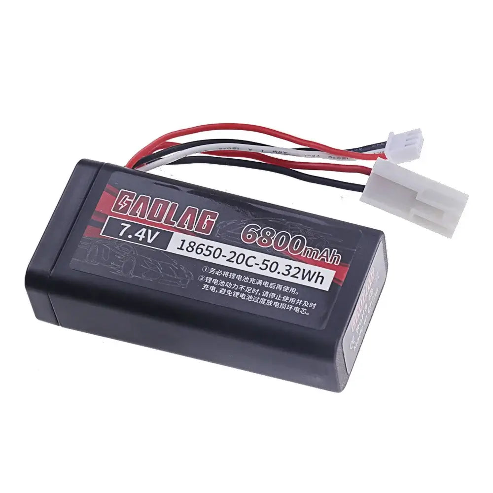 18650 Li-ion Battery 7.4V 6800mAh showcasing product specifications and available connectors.