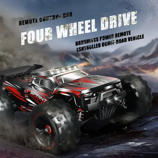 Image of 9522 PRO 85KMH High speed RC Car Brushless Four-wheel Drive racing over terrain.
