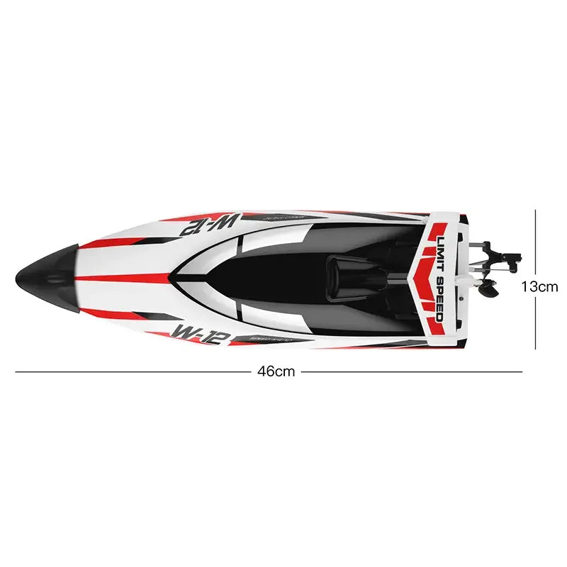 WLtoys 2.4G WL912-A RC Boat top view showing dimensions of 46cm length and 13cm width, designed for high-speed racing.