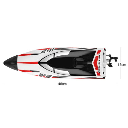 WLtoys 2.4G WL912-A RC Boat top view showing dimensions of 46cm length and 13cm width, designed for high-speed racing.