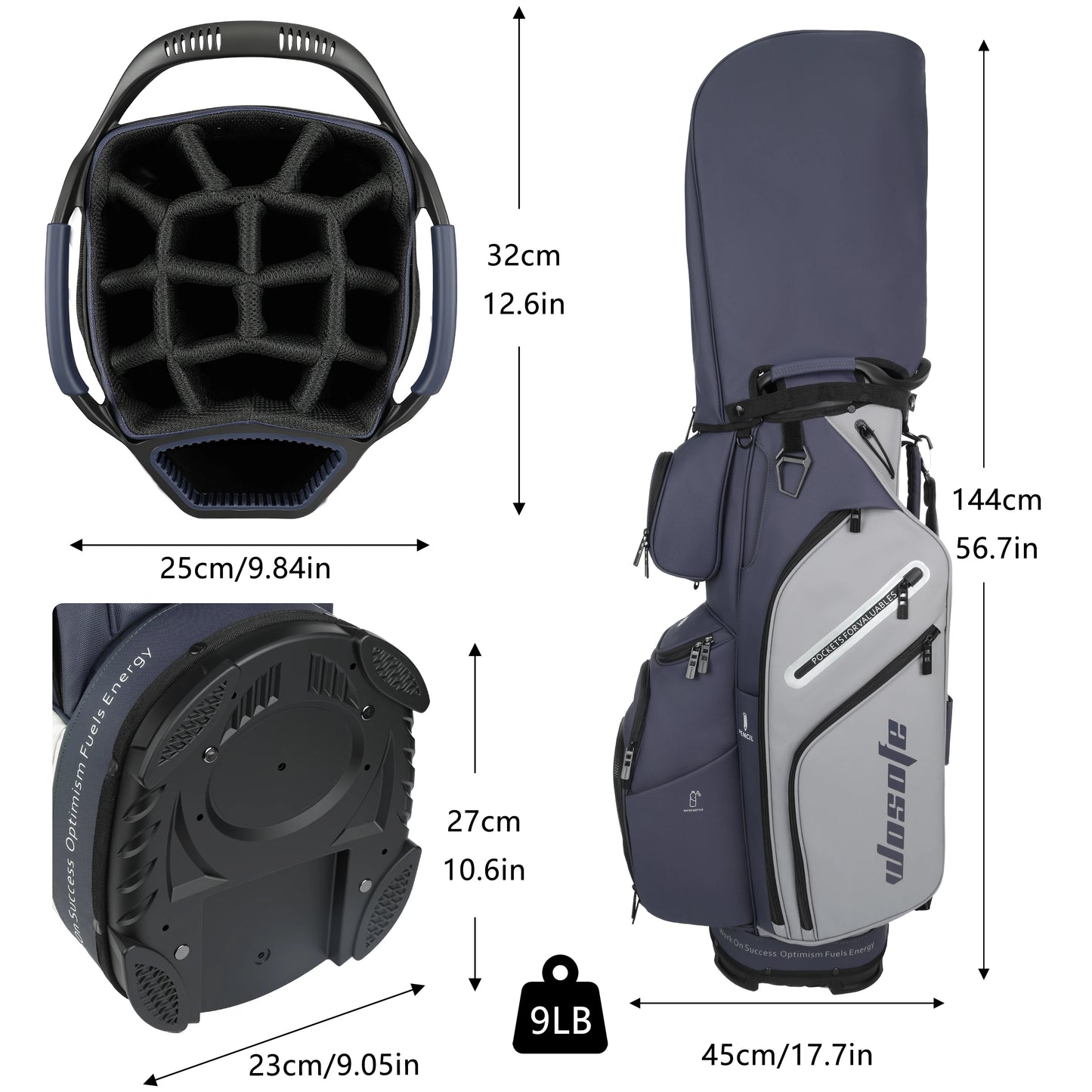 Lightweight Men Women Golf Bag in blue and gray showing dimensions and design features for golf enthusiasts.