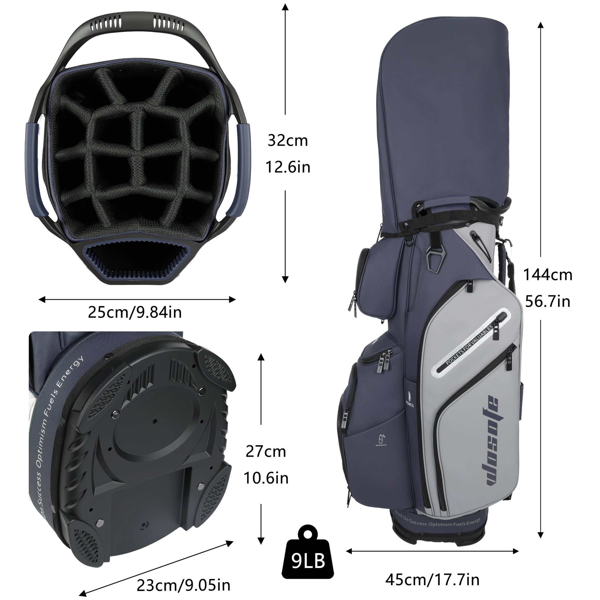 Lightweight Men Women Golf Bag in blue and gray showing dimensions and design features for golf enthusiasts.