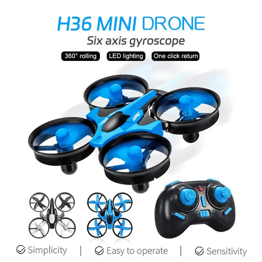 jjrc H36 Mini Drone 3D Flip with six axis gyroscope, LED lighting, and easy control features.
