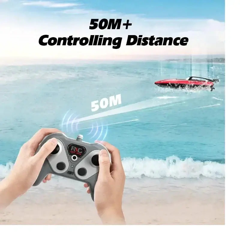 User controlling RC Battery Boat from a distance of over 50 meters in a scenic water setting.