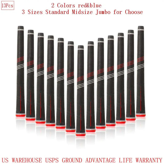 natural rubber golf grips 13PCs in red and blue colors, available in standard, midsize, and jumbo sizes.
