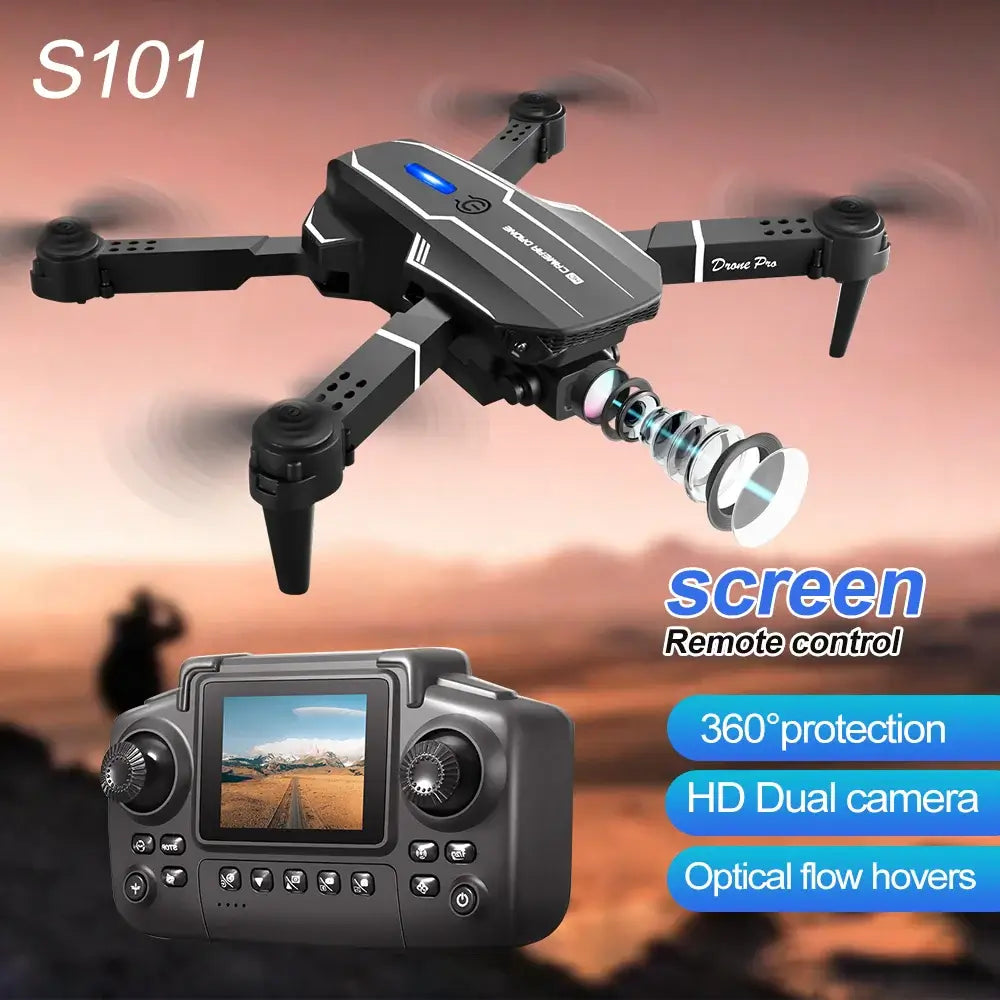 Foldable RC drone with dual camera S101 showcasing HD dual camera and remote control features.