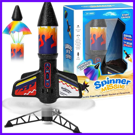 Children Rocket Launcher toy with parachute design, packaging and launcher base, promoting outdoor play and learning.