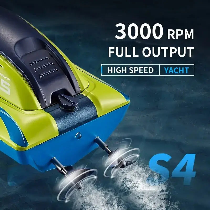 Waterproof remote control boat featuring a high-speed yacht design with 3000 RPM full output.