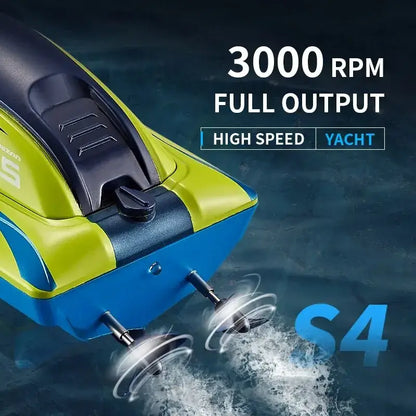 Waterproof remote control boat featuring a high-speed yacht design with 3000 RPM full output.