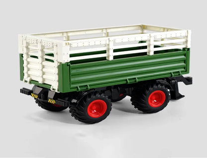 Remote Control Tractor trailer with green body and red wheels, perfect for children’s farmer toy sets.