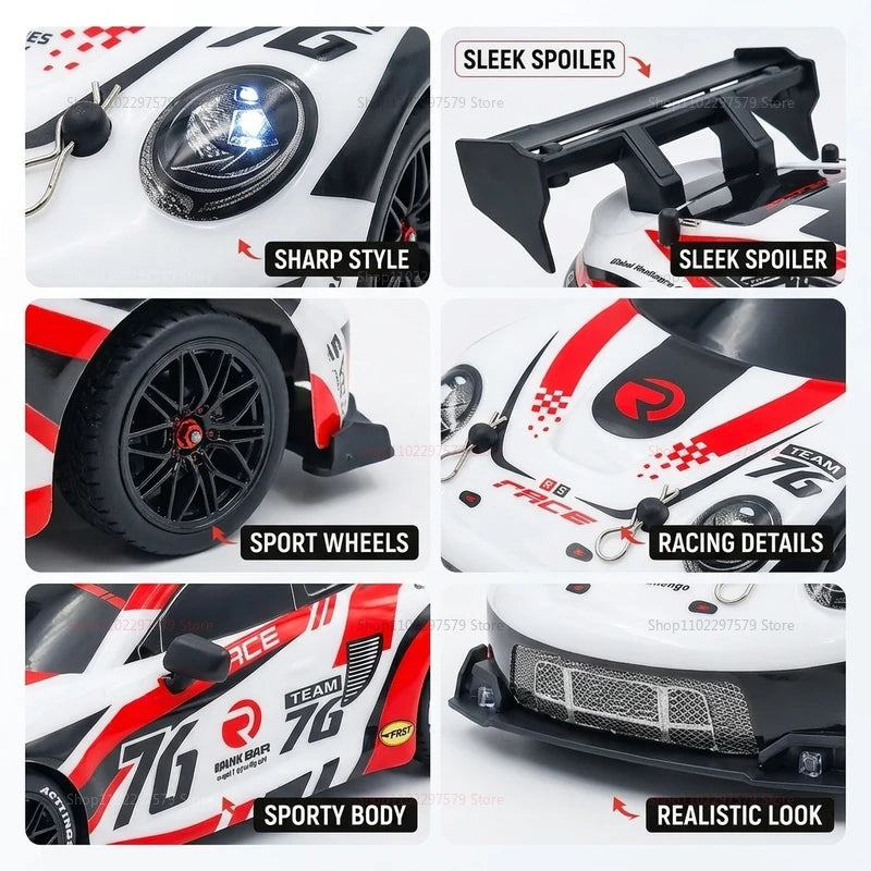 Detailed view of RC drift cars for kids showcasing sleek spoiler, sport wheels, and racing details in design.