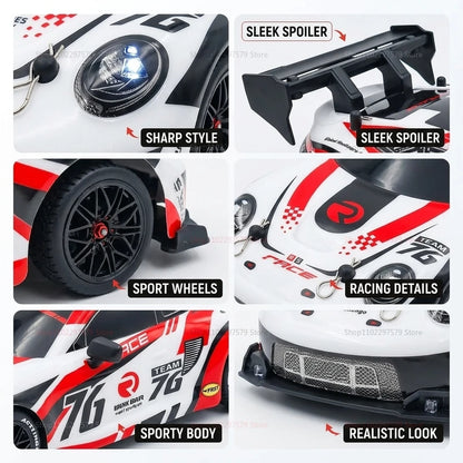 Detailed view of RC drift cars for kids showcasing sleek spoiler, sport wheels, and racing details in design.