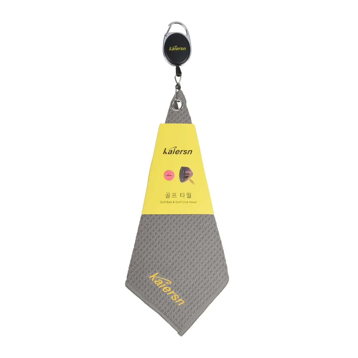 Kaiersn Park golf Towel displayed hanging with a clip, featuring a gray microfiber design and branding.