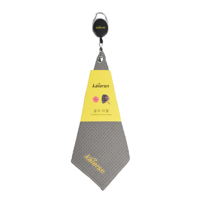 Kaiersn Park golf Towel displayed hanging with a clip, featuring a gray microfiber design and branding.