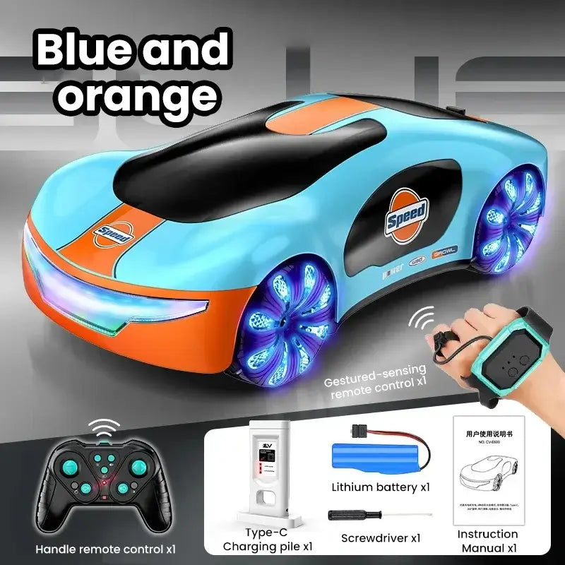 Remote Control Concept Cars in blue and orange with gestured-sensing remote control and colorful wheels.