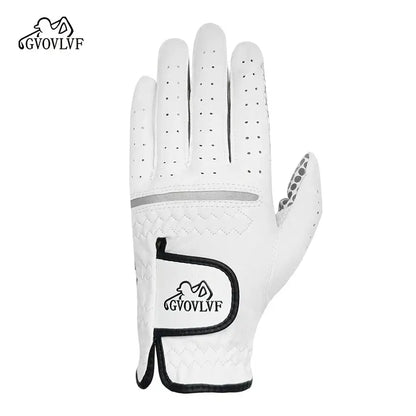 Golf Gloves Men's Leather White Breathable Gloves by GVOVLVF, showing the palm side with perforated design for better grip.