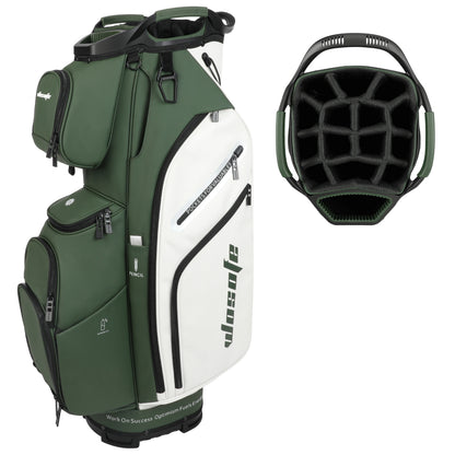 Lightweight Men Women Golf Bag in green and white with multiple pockets and a unique top design.
