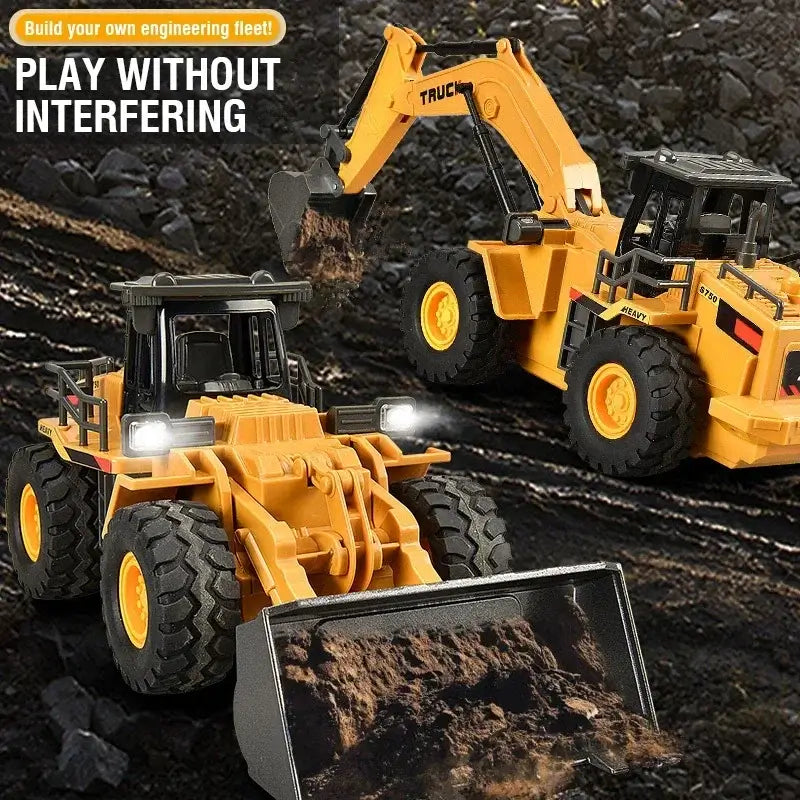 Excavator Bulldozer Dump Truck remote control toys in a construction setting, suitable for building engineering fleets.
