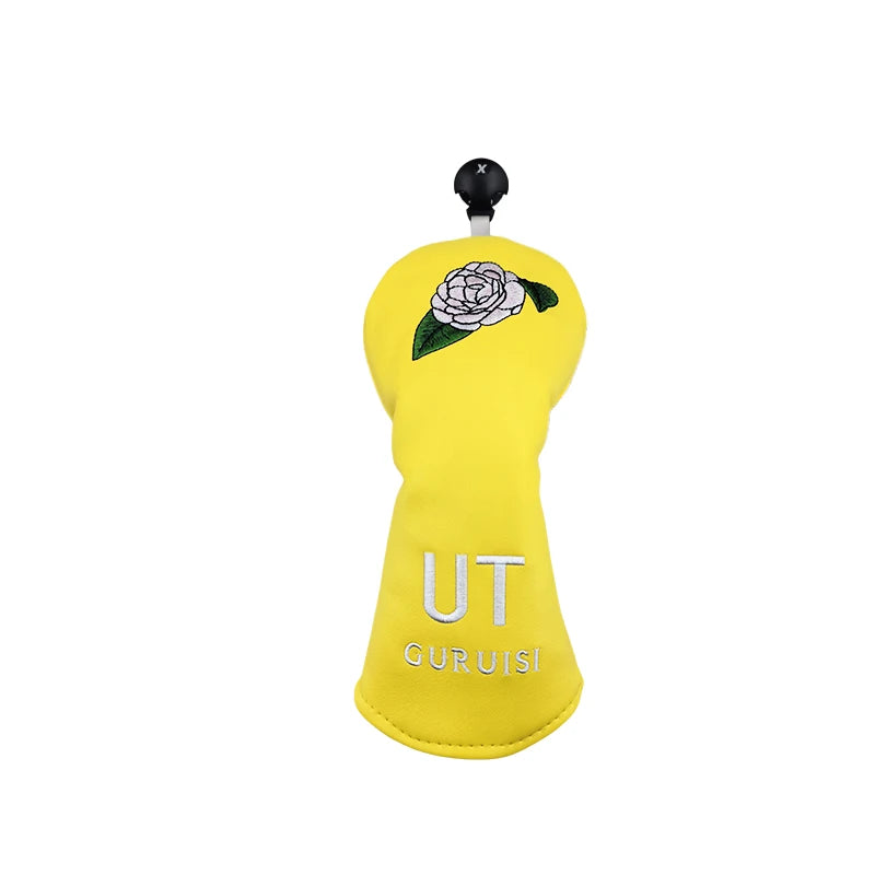 Flower embroidery golf club head covers yellow utility club head cover with rose design