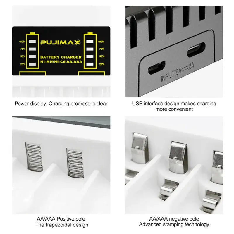 Battery Charger 4 Slots Intelligent LED design features, including USB interface and power display for efficient charging.