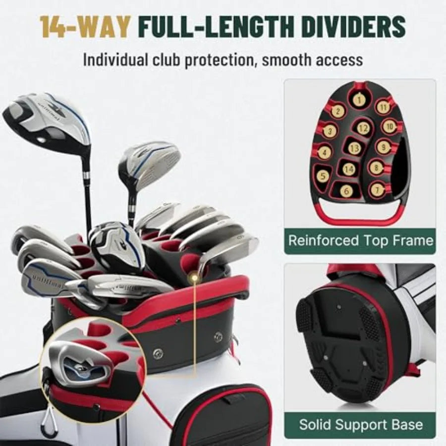 Golf Cart Bag with 14-Way Full-Length Dividers showing individual club protection and smooth access features.