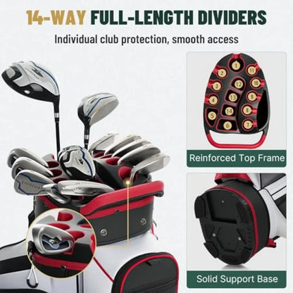 Golf Cart Bag with 14-Way Full-Length Dividers showing individual club protection and smooth access features.