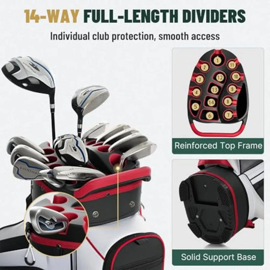 Golf Cart Bag with 14-Way Full-Length Dividers showing individual club protection and smooth access features.