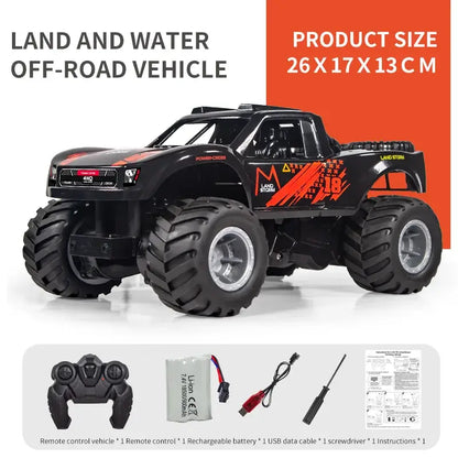 Four-wheel Drive Remote Control Car with off-road capabilities, includes remote control, battery, and accessories.