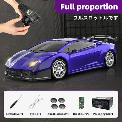 Kids remote control drift car with remote and accessories in blue, showcasing a 1:43 scale design for fun racing.