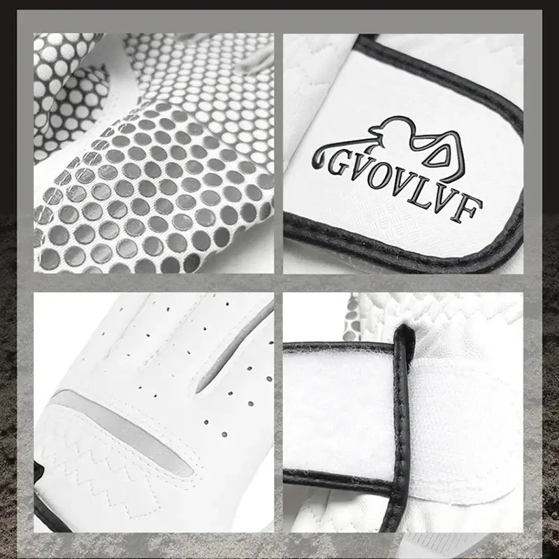 Golf Gloves Men's Leather White breathable gloves with GVOVLVF logo and textured grip design.