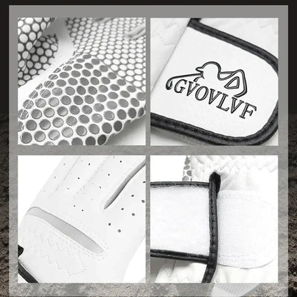 Golf Gloves Men's Leather White breathable gloves with GVOVLVF logo and textured grip design.