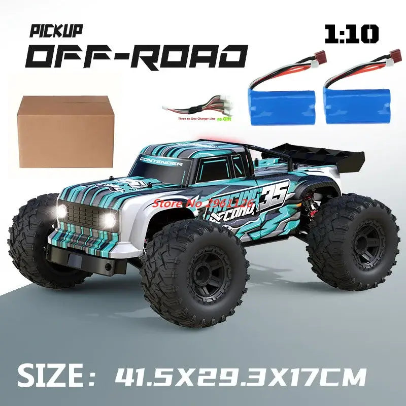 Remote Control Drift Racing Car 70KMH 1:10 Off-Road Pickup with large tires and accessories.